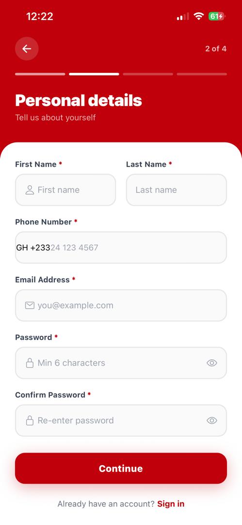 Personal details screen