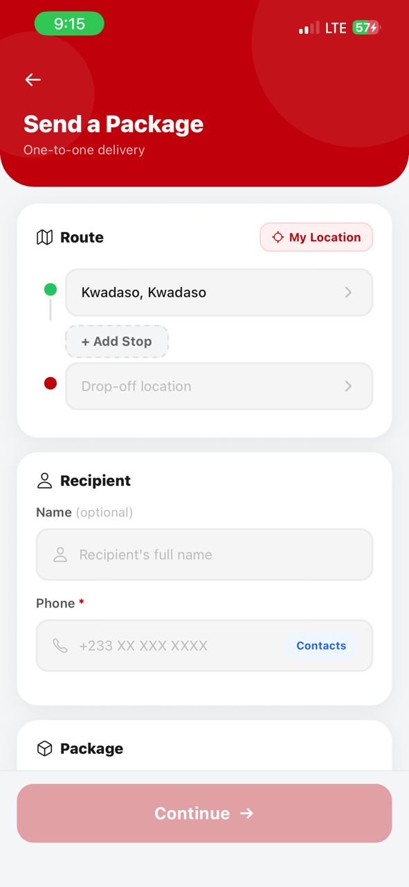 Send a package screen